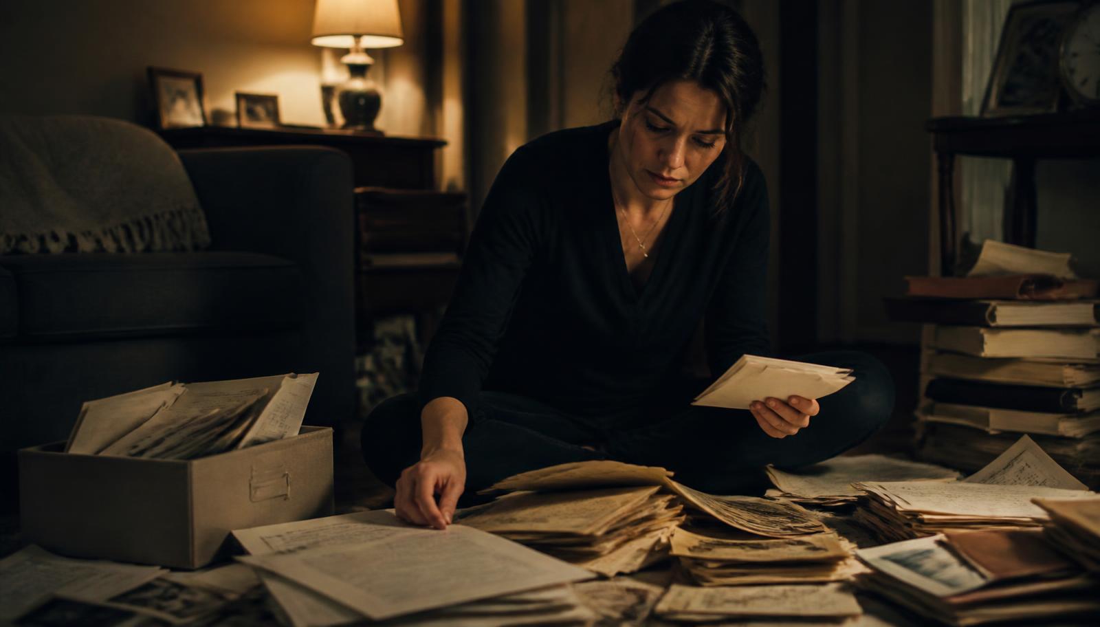 A daughter sitting on the floor at night, sorting through boxes of her late father's paper documents